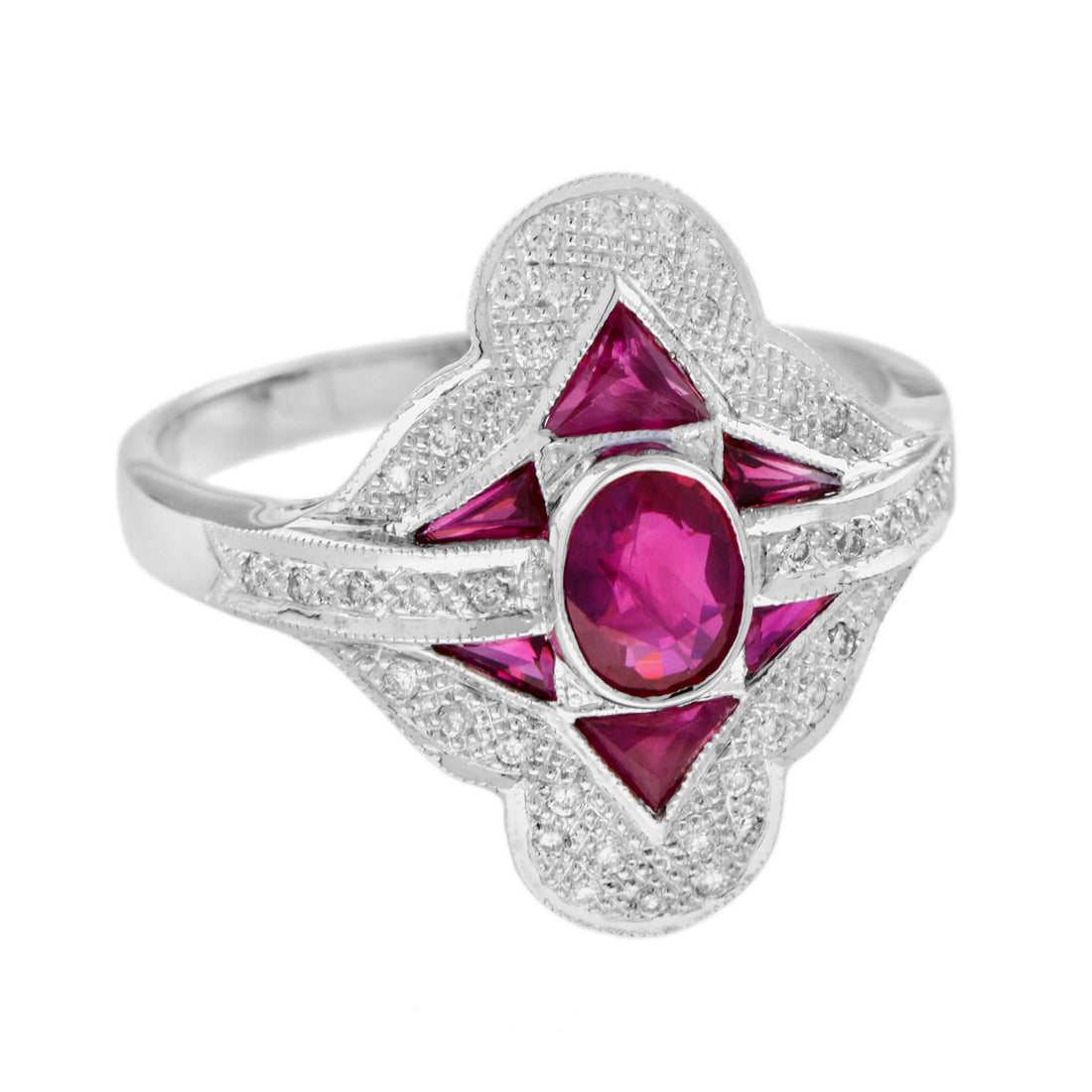 Oval Red Pink Ruby & Diamond Art Deco Style Halo Set 18K White Gold Ring