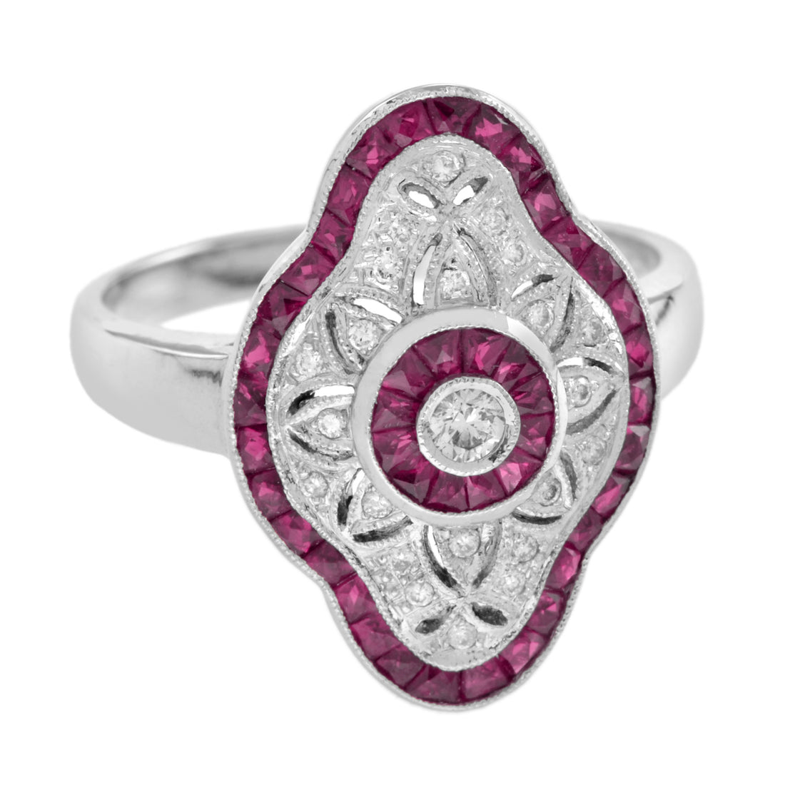 Art Deco Style Round Diamond & Pink Red Ruby 18K White Gold Shield Ring