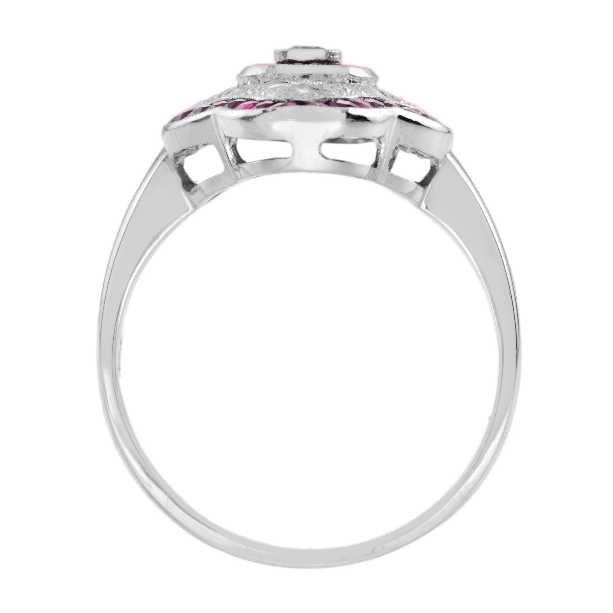 Art Deco Style Round Diamond & Pink Red Ruby 18K White Gold Shield Ring