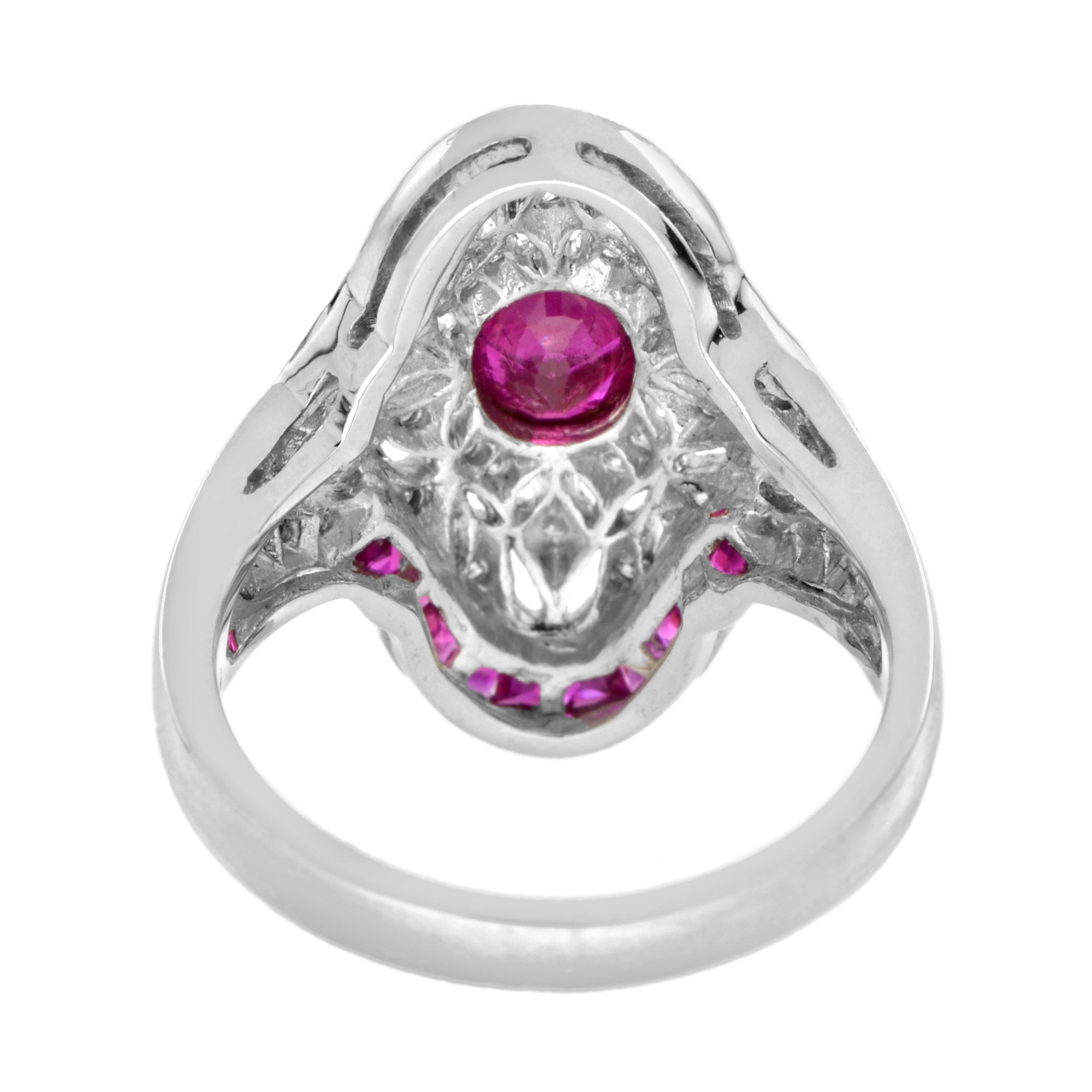 Art Deco Style Pink Red Ruby & Diamond Cocktail 18K White Gold Statement Ring
