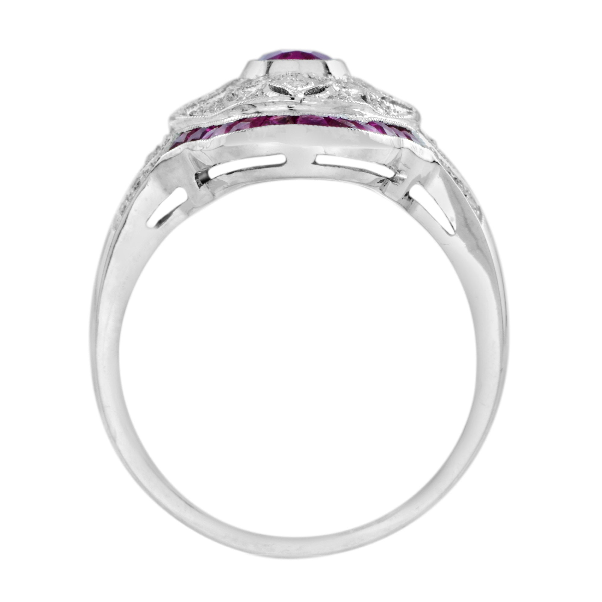 Art Deco Style Pink Red Ruby & Diamond Cocktail 18K White Gold Statement Ring