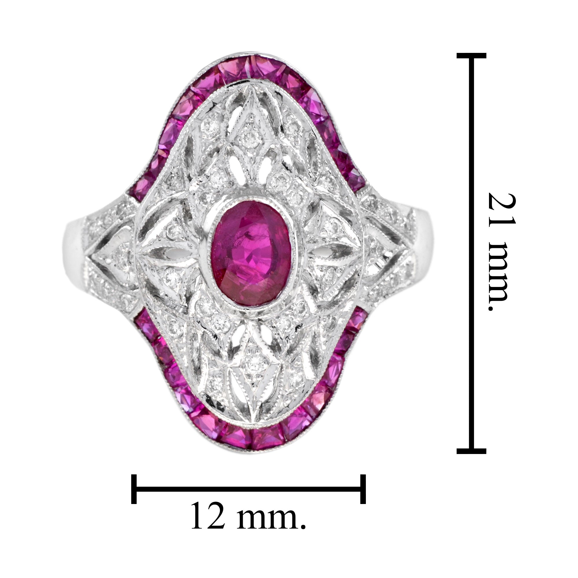 Art Deco Style Pink Red Ruby & Diamond Cocktail 18K White Gold Statement Ring