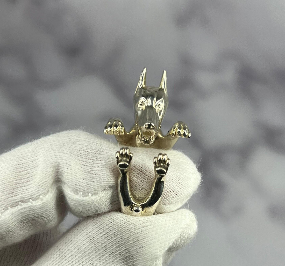 925 Sterling Silver Dog Puppy Animal Nature Doberman Statement Open Hug Ring
