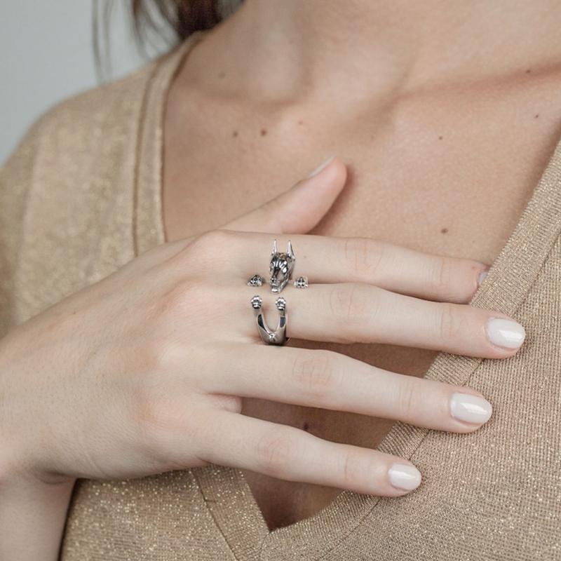 925 Sterling Silver Dog Puppy Animal Unique Doberman Statement Open Hug Ring