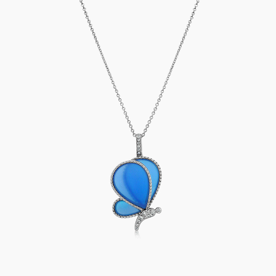 Blue Agate Wings & Diamonds Butterfly Fantasy 18K White Gold Pendant Necklace
