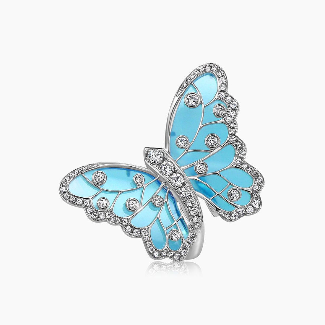 Blue Agate & Diamonds Butterfly Sweet 18K White Gold Ring