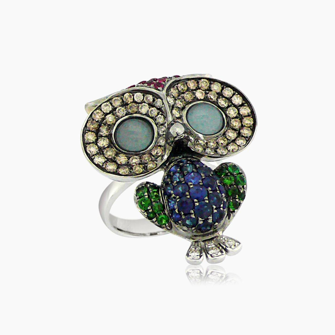 Owl Bird Aquamarine Diamond Ruby Garnet & Sapphire 18K White Gold Ring