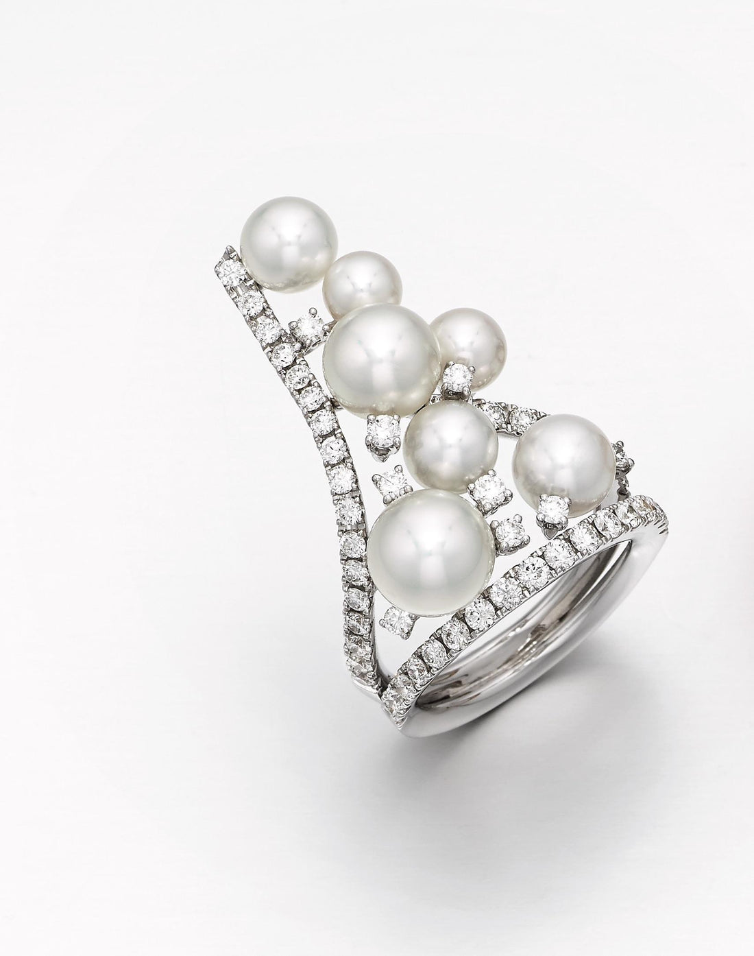 Akoya White Pearl Diamond Luxury Cocktail Tiara Crown 18 Karat White Gold Ring