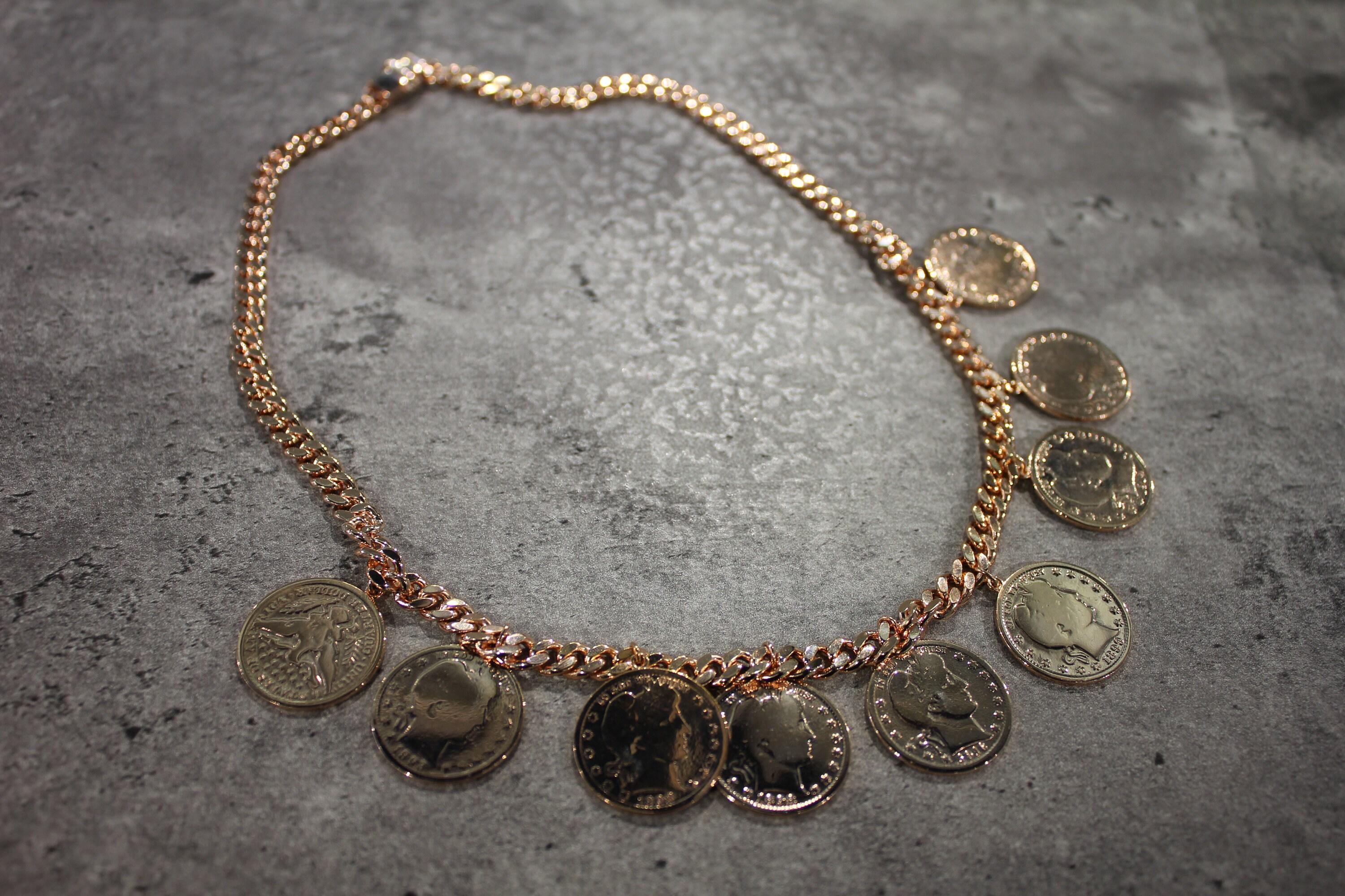 American USA Vintage Dollar Coin Rose Gold Vermeil Sterling Silver Curb Link Cha