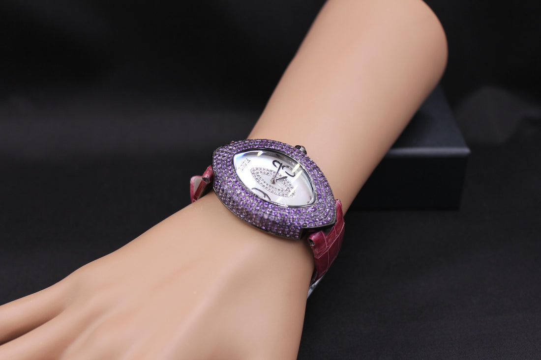 Amethyst & Diamonds Pave Dial Luxury Swiss Quartz Exotic Leather Watch