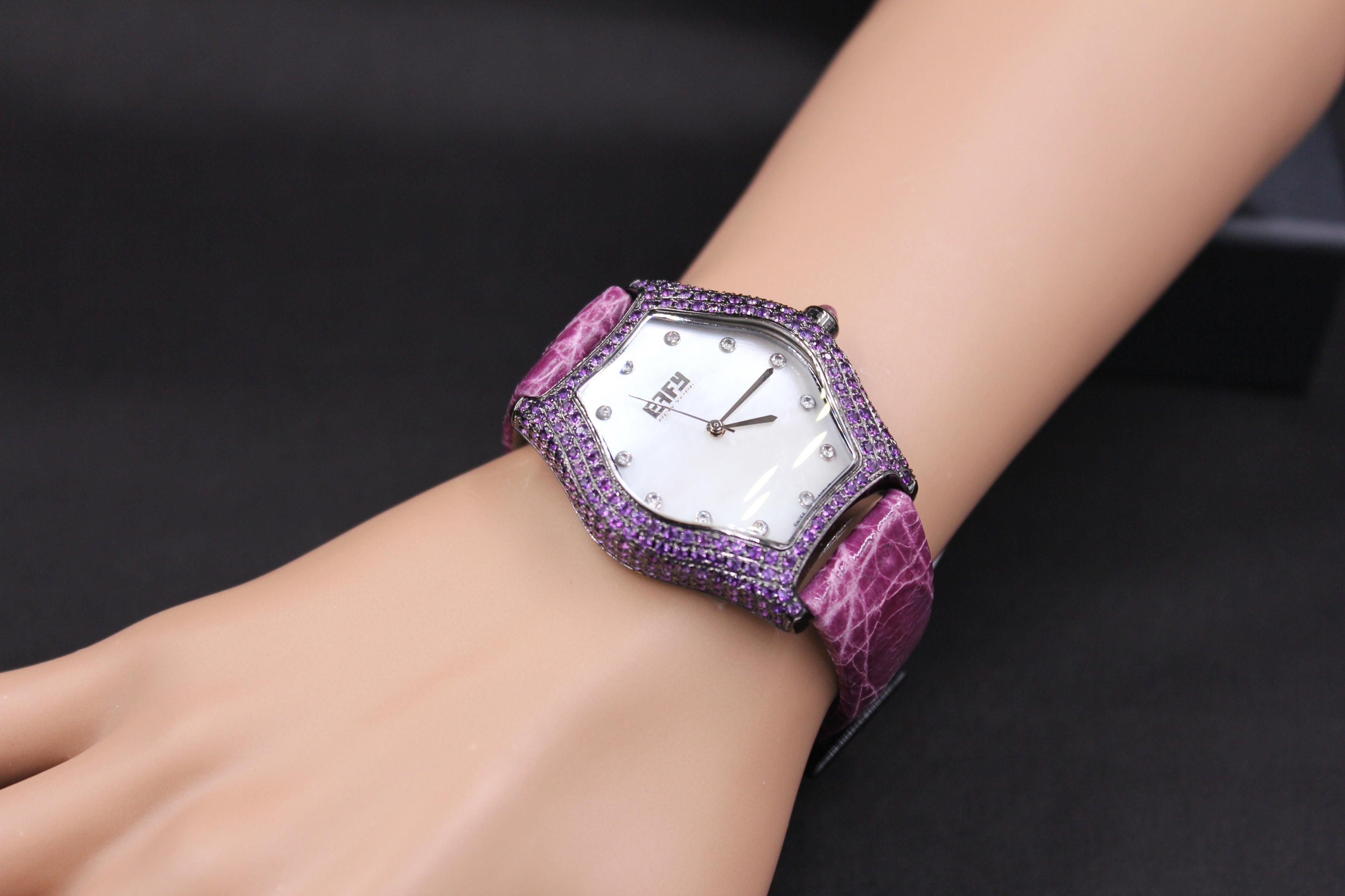 Amethyst & Diamonds Pave Dial Luxury Swiss Quartz Exotic Leather Watch
