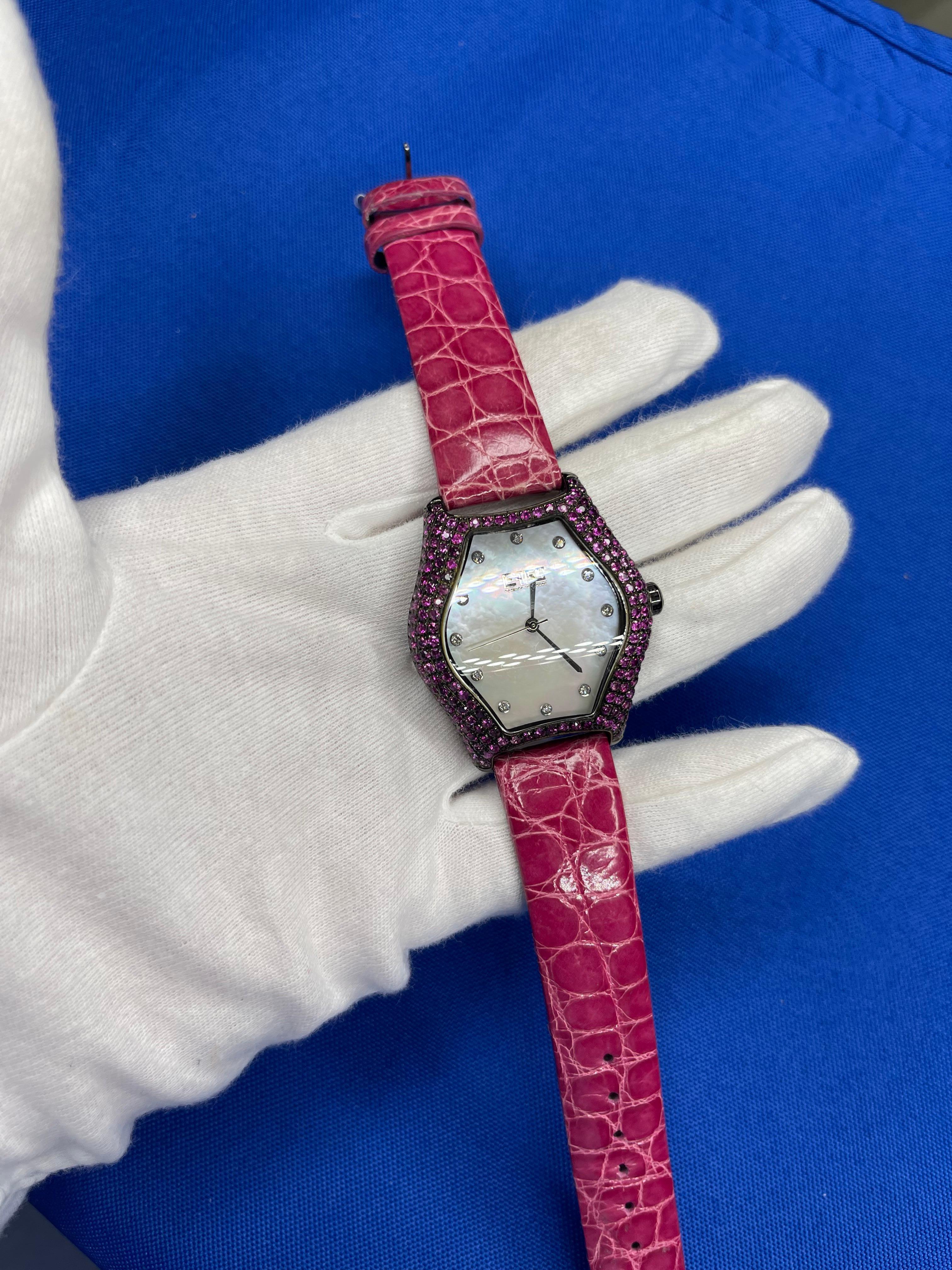 Amethyst & Diamonds Pave Dial Luxury Swiss Quartz Exotic Leather Watch