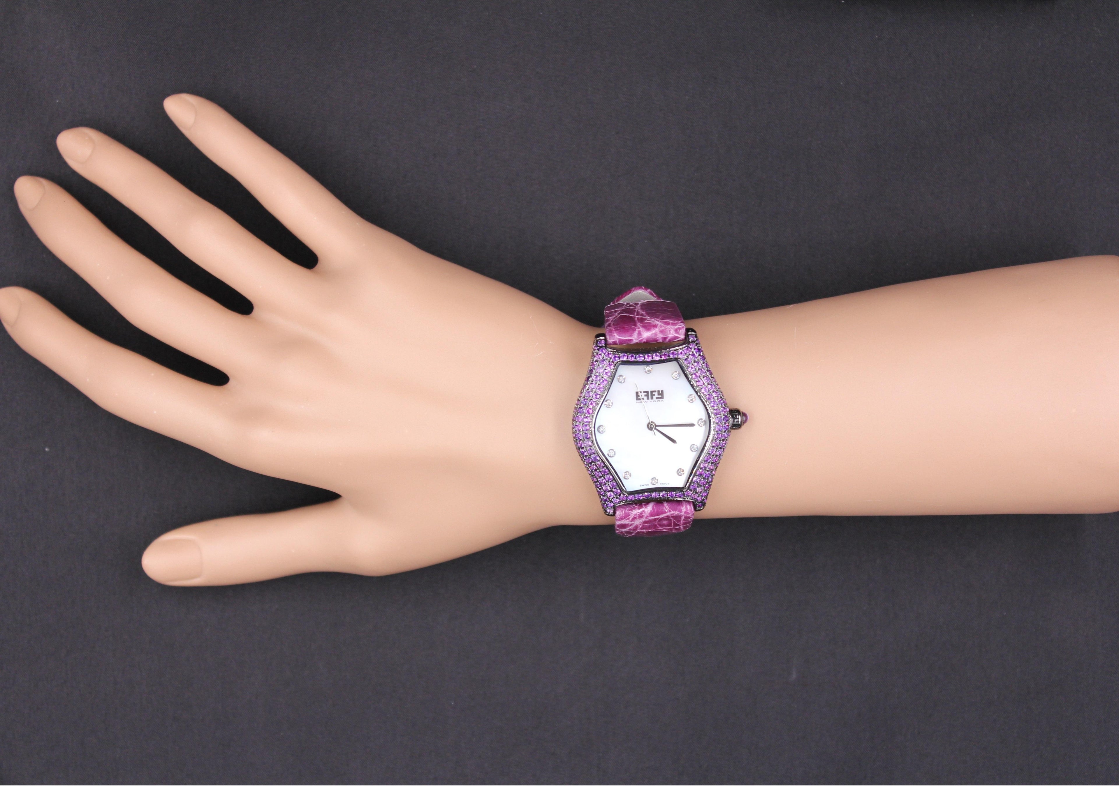 Amethyst & Diamonds Pave Dial Luxury Swiss Quartz Exotic Leather Watch