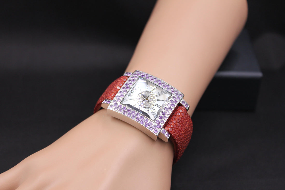 Amethyst & Diamonds Pave Dial Luxury Swiss Quartz Exotic Leather Watch