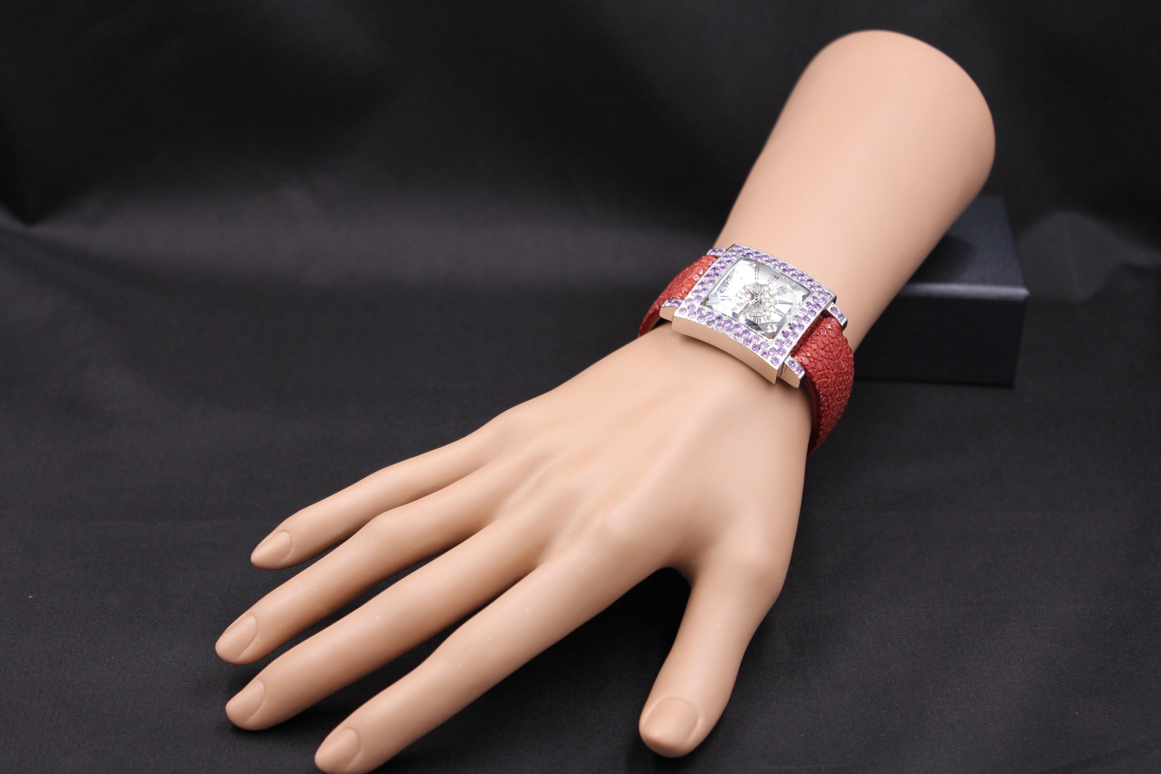 Amethyst & Diamonds Pave Dial Luxury Swiss Quartz Exotic Leather Watch