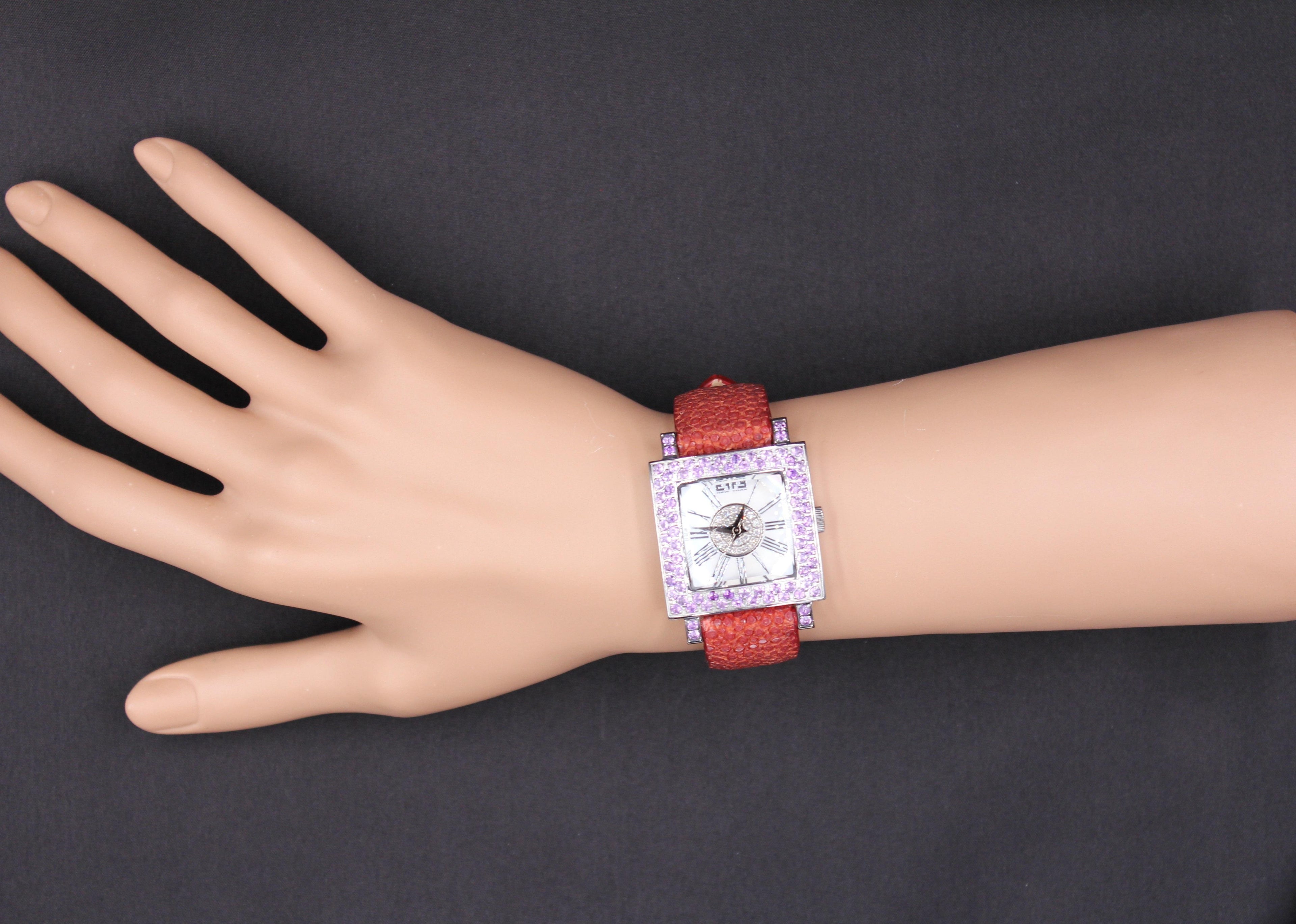 Amethyst & Diamonds Pave Dial Luxury Swiss Quartz Exotic Leather Watch