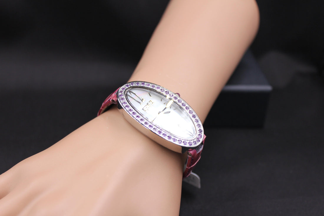 Amethysts Pave Dial Luxury Swiss Quartz Exotic Leather Band Watch