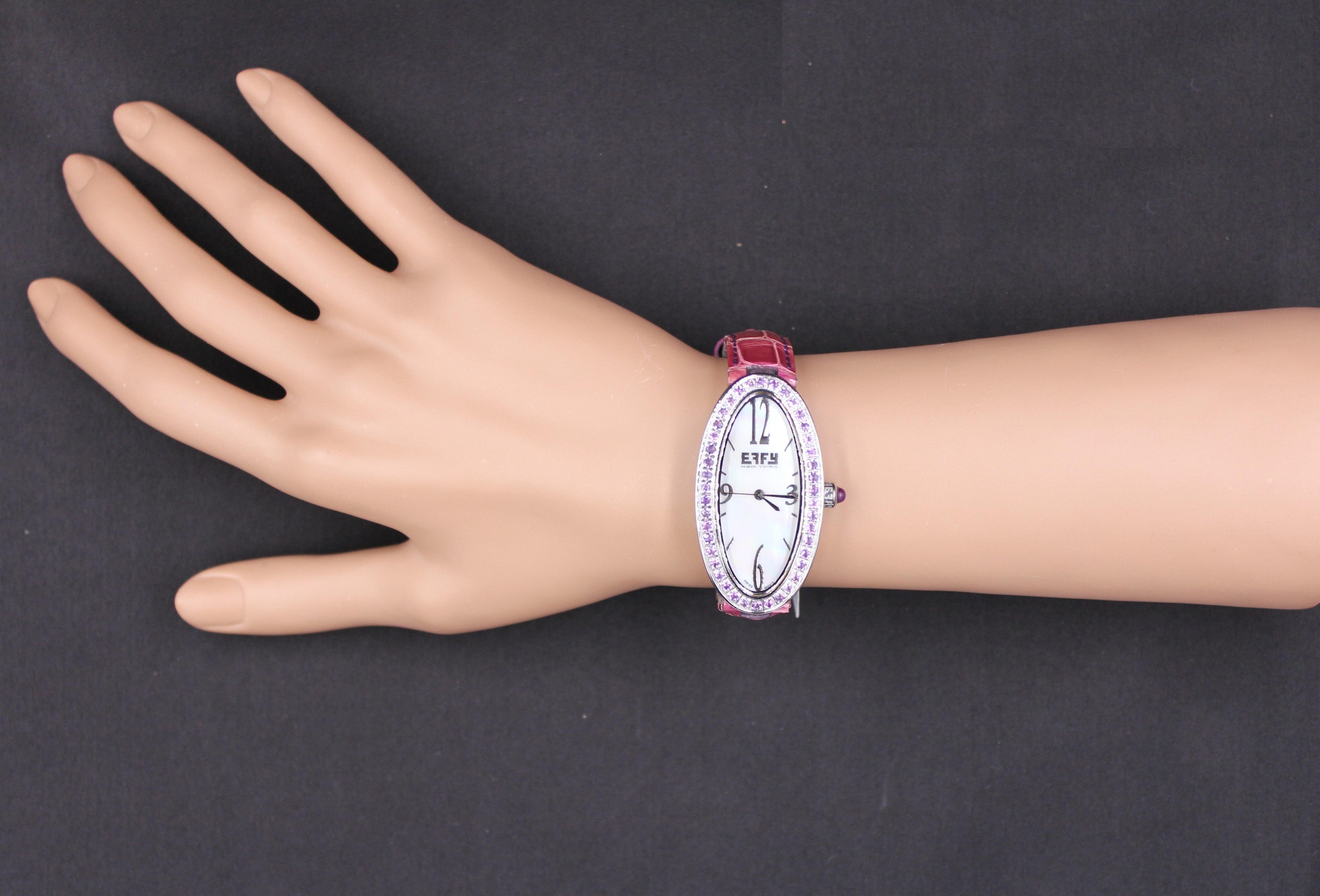 Amethysts Pave Dial Luxury Swiss Quartz Exotic Leather Band Watch