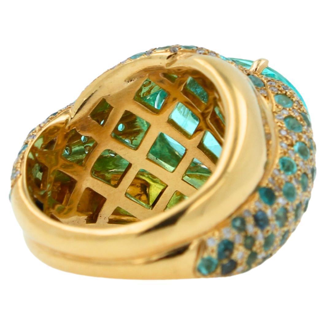 Aqua Teal Blue Oval Shape Paraiba Tourmaline Diamond Pave 18k Yellow Gold Ring