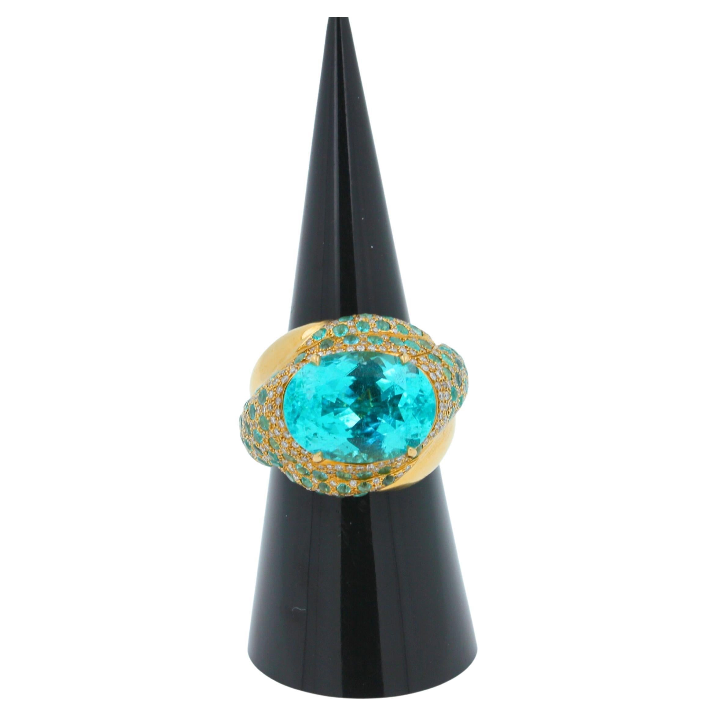 Aqua Teal Blue Oval Shape Paraiba Tourmaline Diamond Pave 18k Yellow Gold Ring