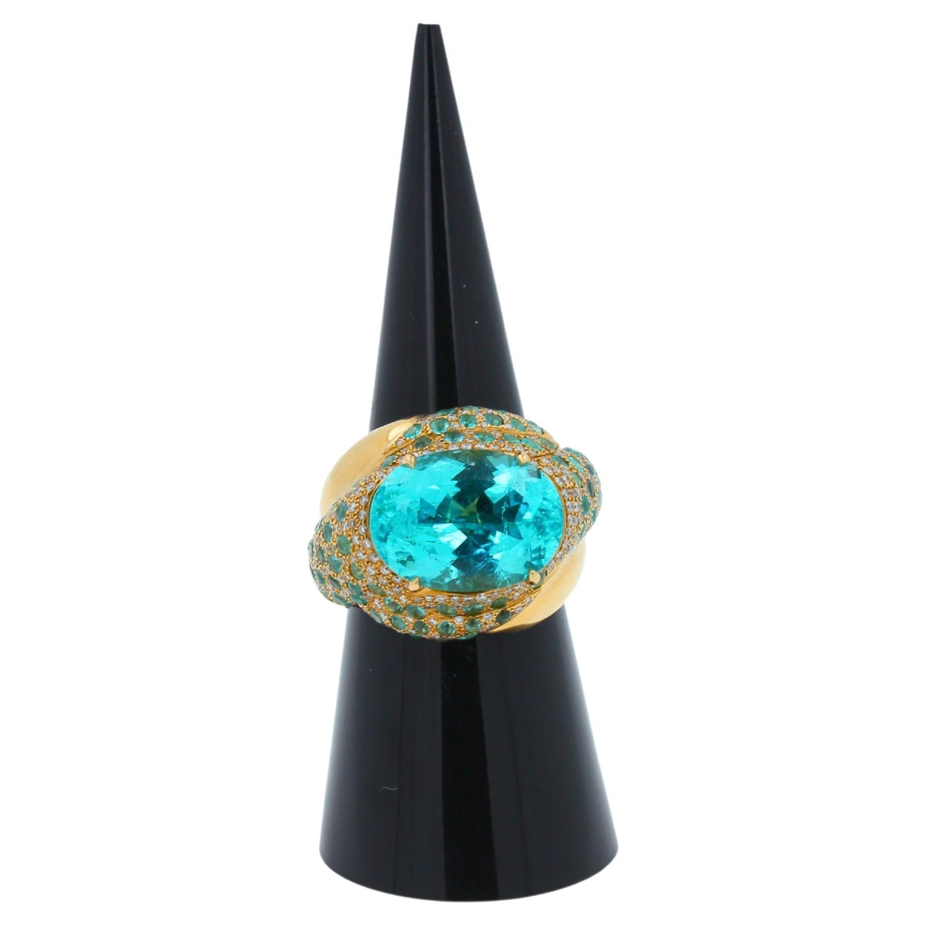 Aqua Teal Blue Oval Shape Paraiba Tourmaline Diamond Pave 18k Yellow Gold Ring