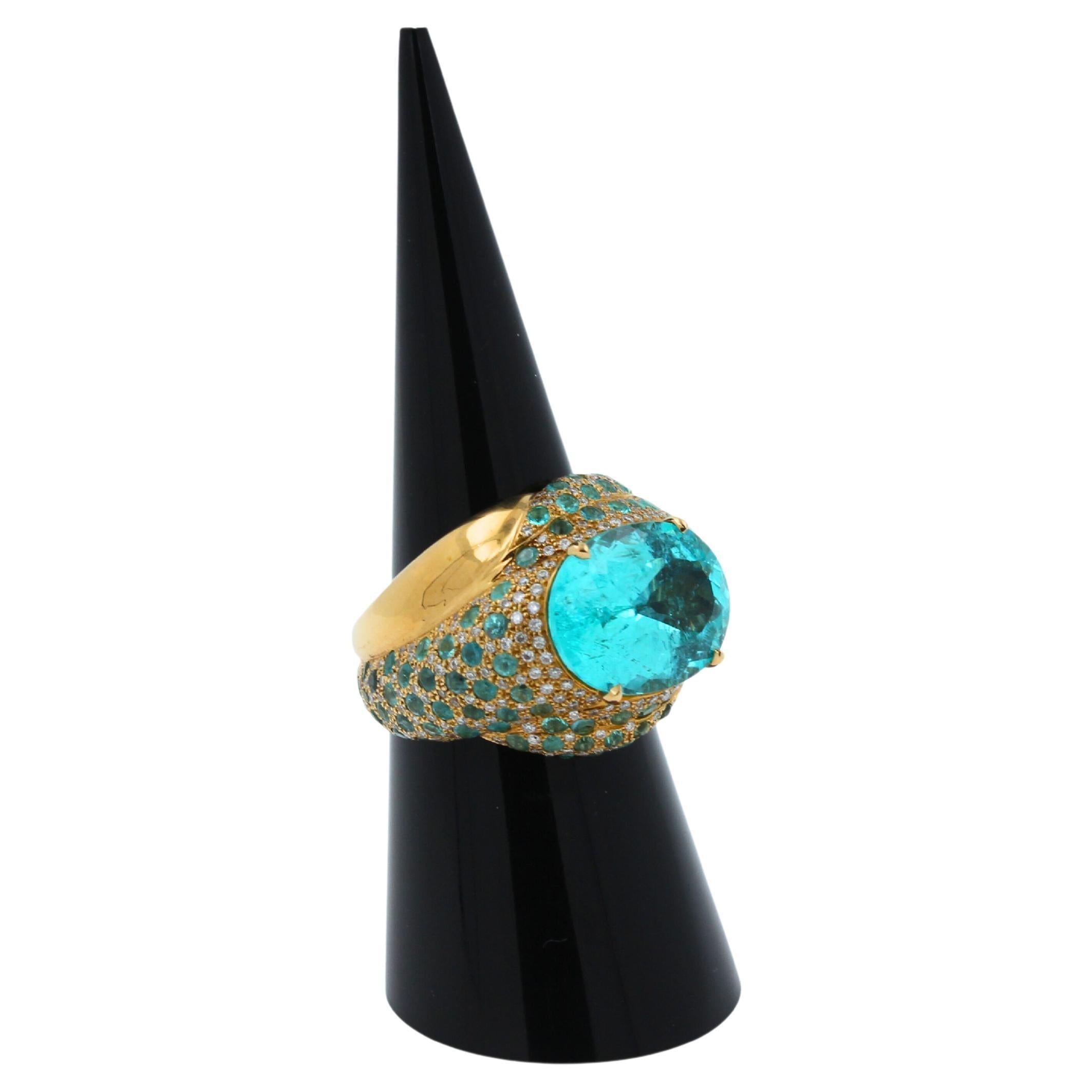 Aqua Teal Blue Oval Shape Paraiba Tourmaline Diamond Pave 18k Yellow Gold Ring