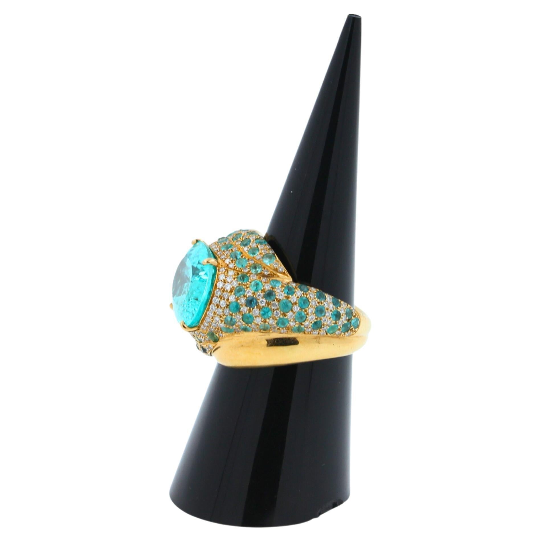 Aqua Teal Blue Oval Shape Paraiba Tourmaline Diamond Pave 18k Yellow Gold Ring