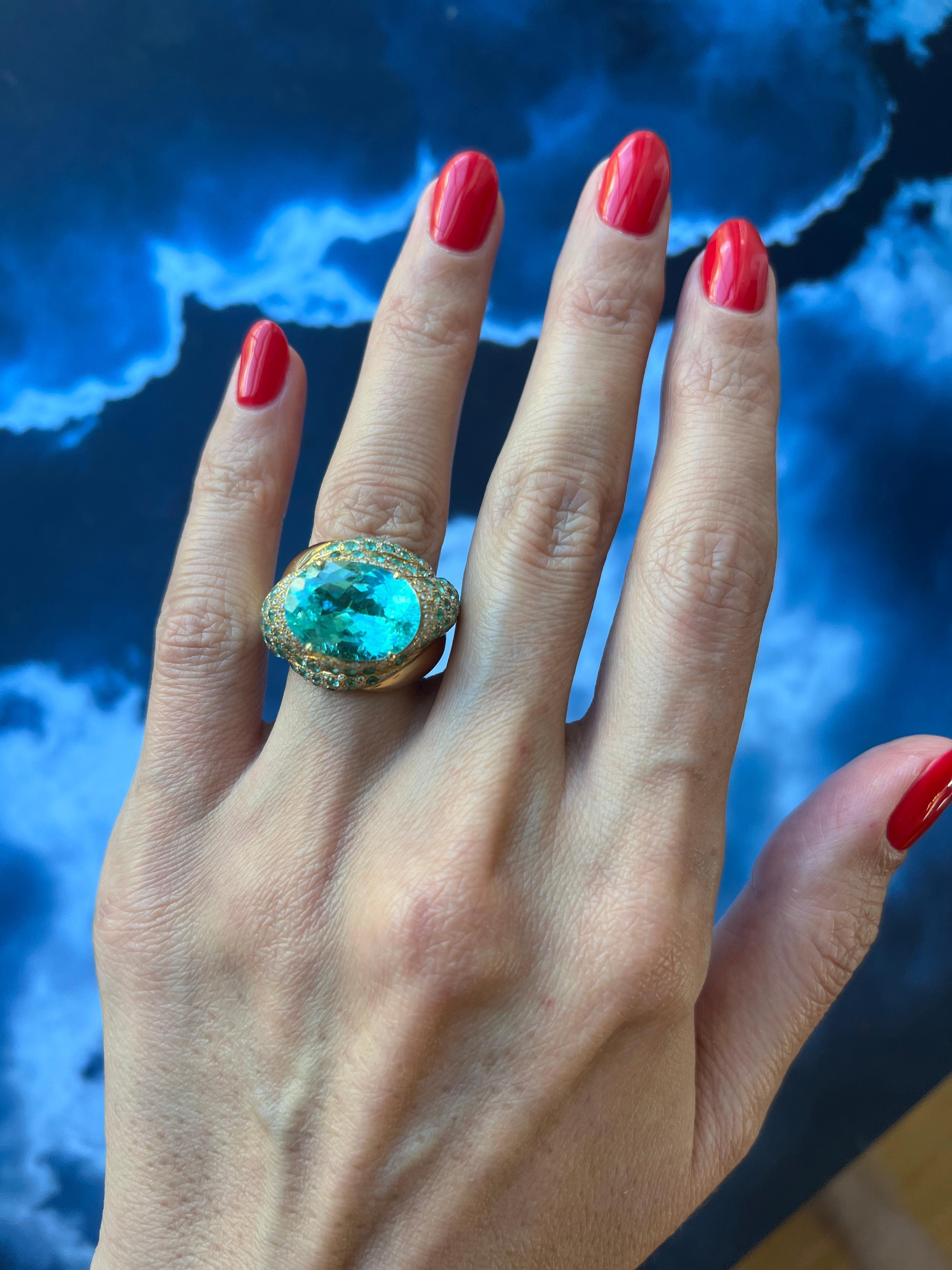 Aqua Teal Blue Oval Shape Paraiba Tourmaline Diamond Pave 18k Yellow Gold Ring