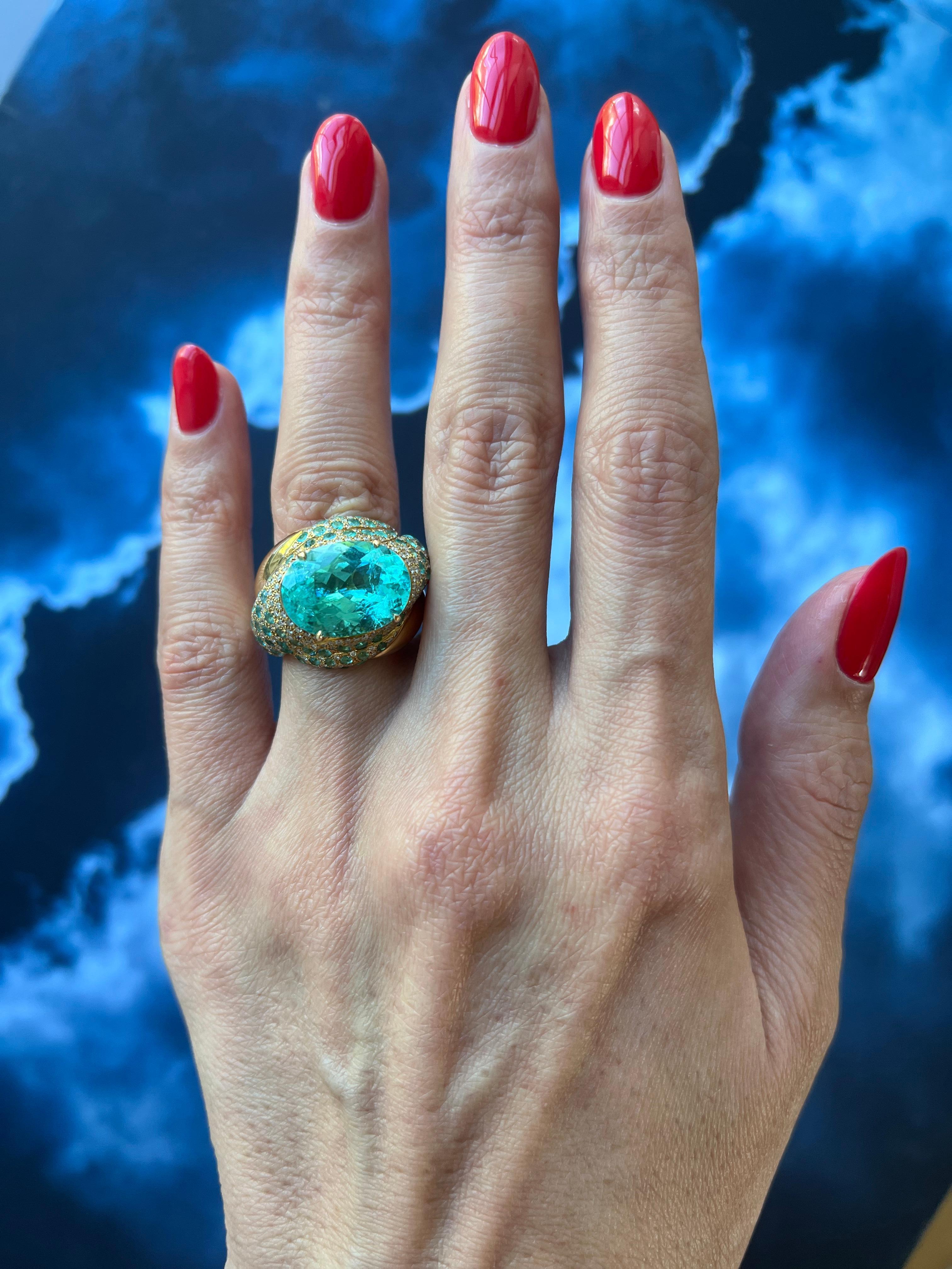 Aqua Teal Blue Oval Shape Paraiba Tourmaline Diamond Pave 18k Yellow Gold Ring