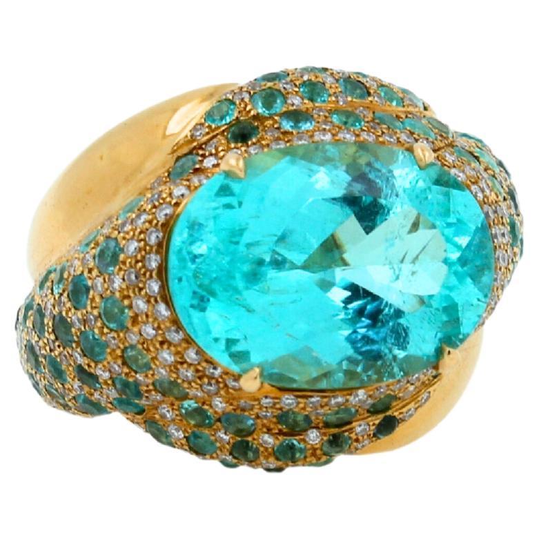Aqua Teal Blue Oval Shape Paraiba Tourmaline Diamond Pave 18k Yellow Gold Ring