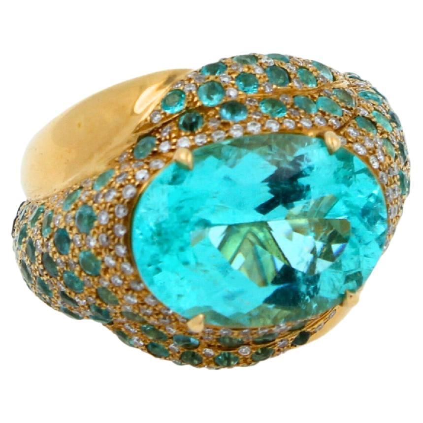 Aqua Teal Blue Oval Shape Paraiba Tourmaline Diamond Pave 18k Yellow Gold Ring