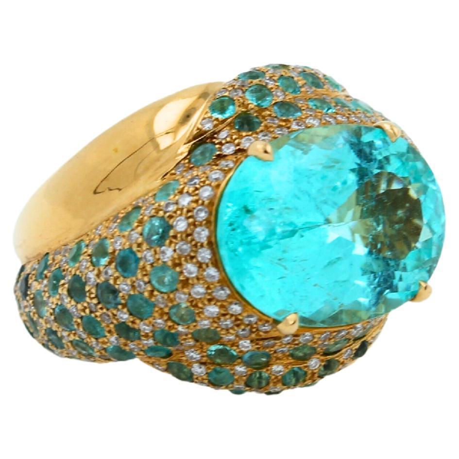 Aqua Teal Blue Oval Shape Paraiba Tourmaline Diamond Pave 18k Yellow Gold Ring