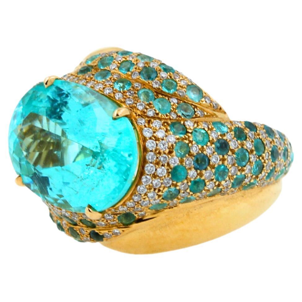 Aqua Teal Blue Oval Shape Paraiba Tourmaline Diamond Pave 18k Yellow Gold Ring