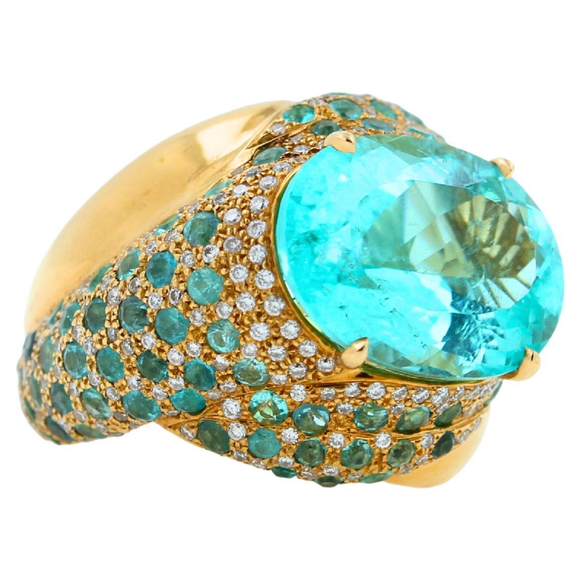 Aqua Teal Blue Oval Shape Paraiba Tourmaline Diamond Pave 18k Yellow Gold Ring