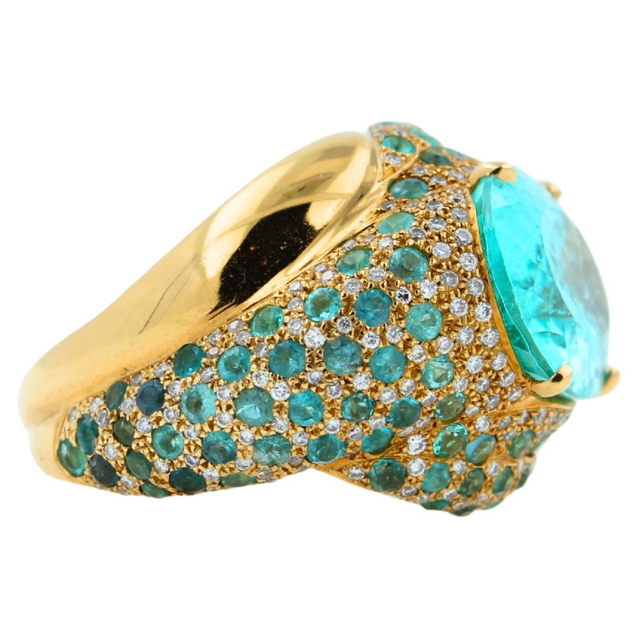Aqua Teal Blue Oval Shape Paraiba Tourmaline Diamond Pave 18k Yellow Gold Ring