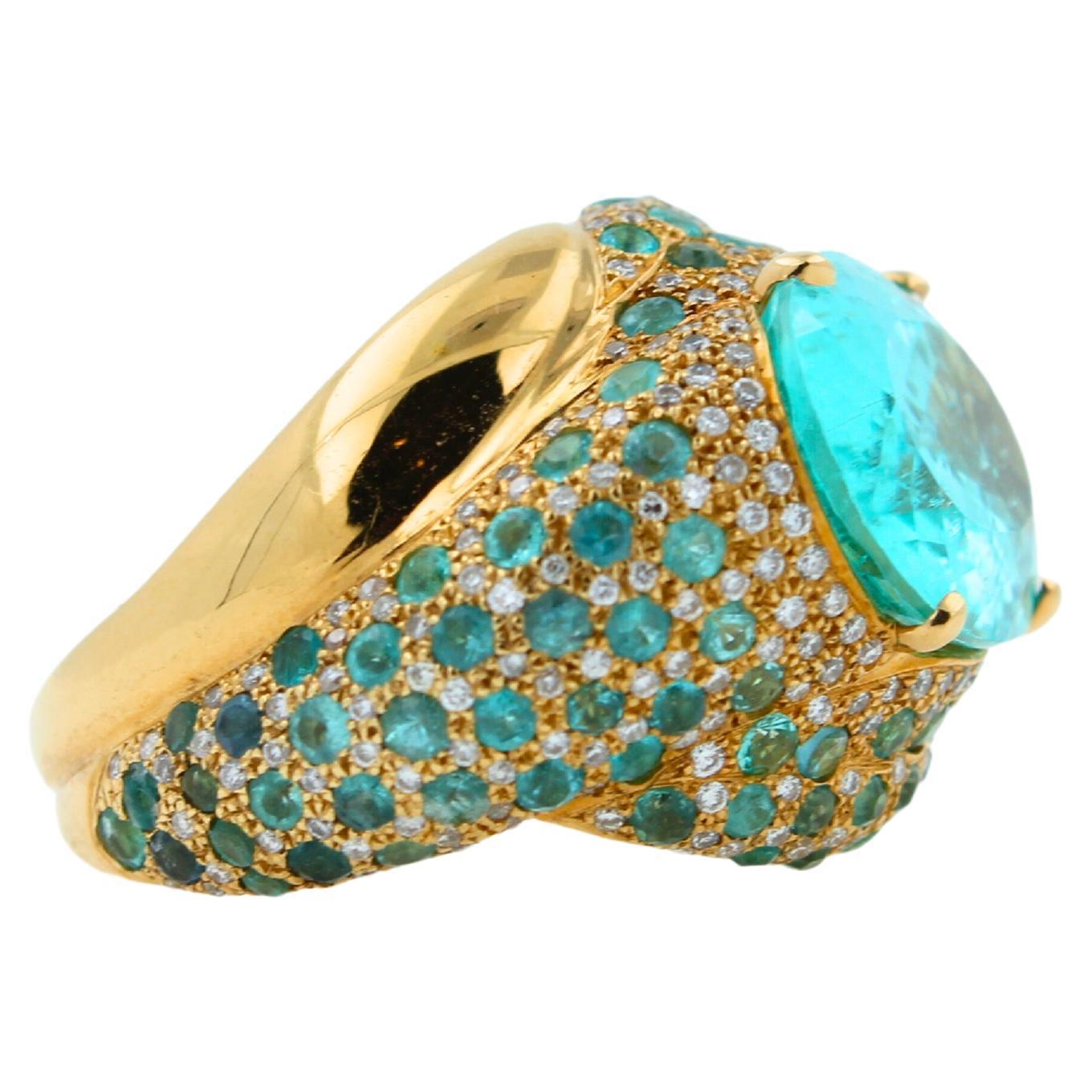 Aqua Teal Blue Oval Shape Paraiba Tourmaline Diamond Pave 18k Yellow Gold Ring