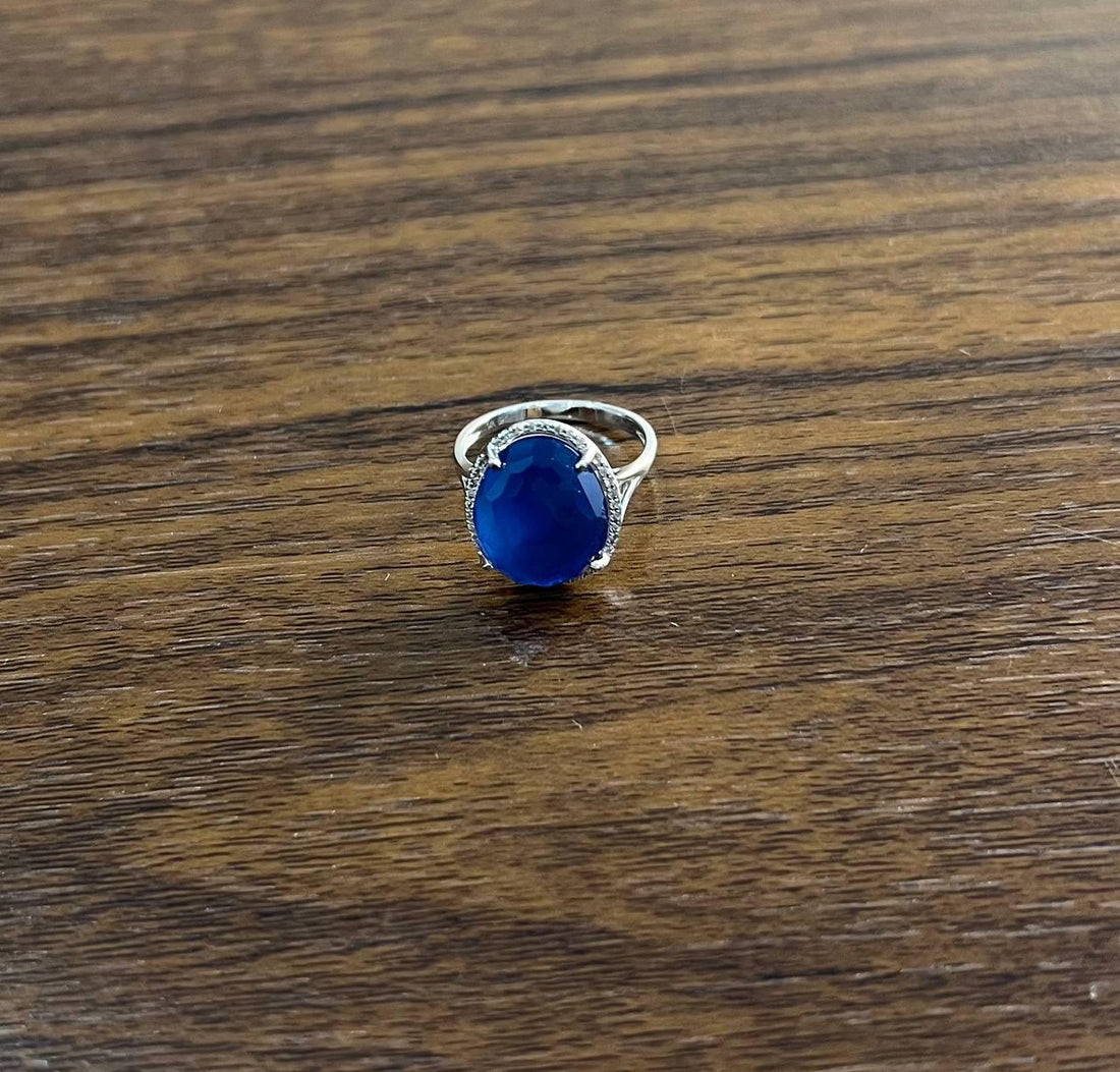 Dark Blue Azurite Bezel Set Diamond Halo 14K White Gold Statement Ring