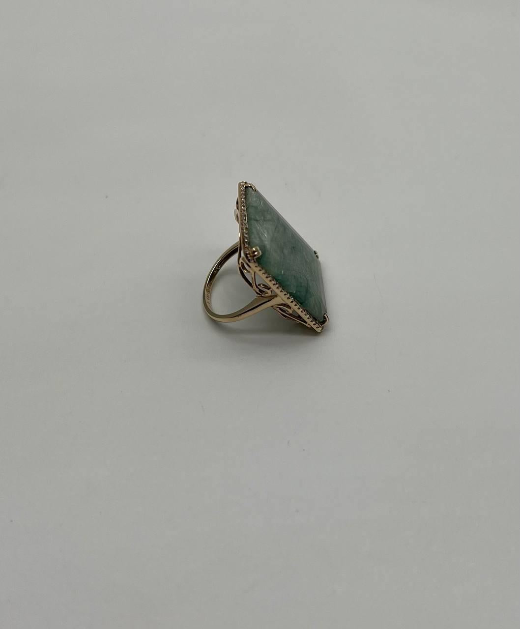 Rectangle Faceted Emerald Shape Green Sapphire Cabochon 14K Gold Diamond Ring