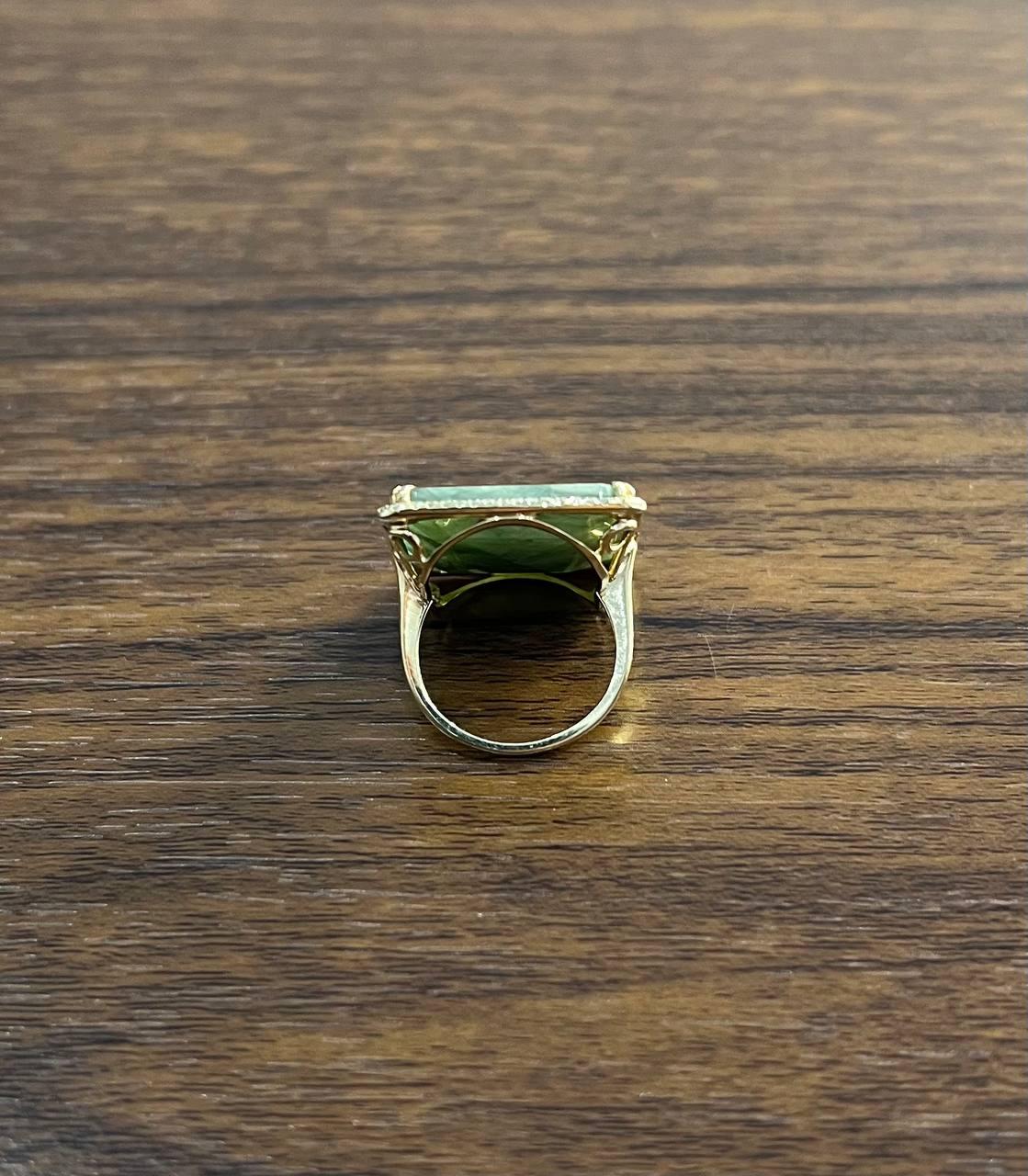 Rectangle Faceted Emerald Shape Green Sapphire Cabochon 14K Gold Diamond Ring