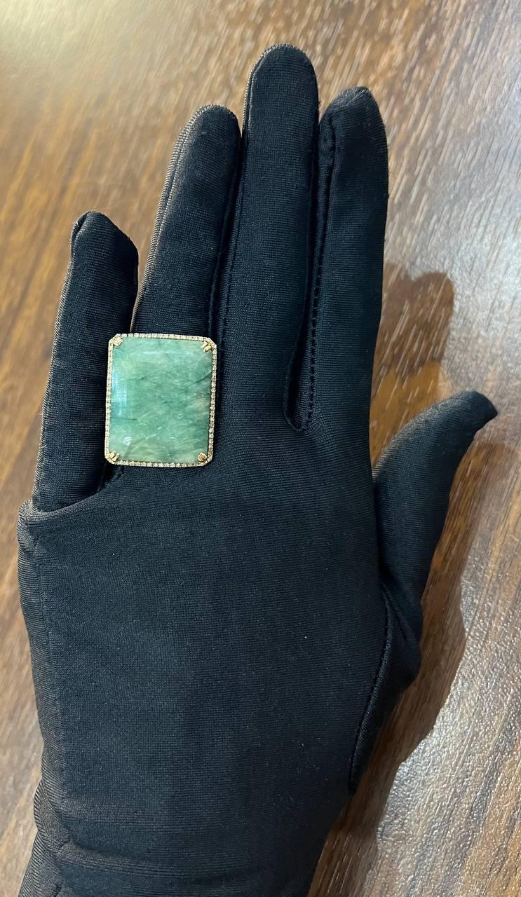 Rectangle Faceted Emerald Shape Green Sapphire Cabochon 14K Gold Diamond Ring