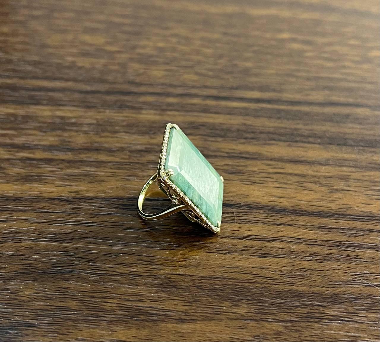 Rectangle Faceted Emerald Shape Green Sapphire Cabochon 14K Gold Diamond Ring