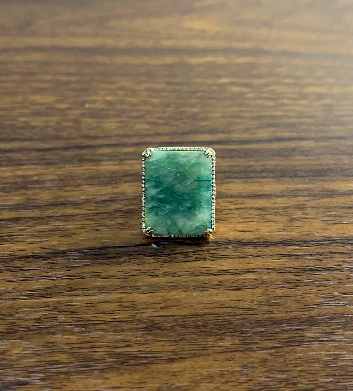 Rectangle Faceted Emerald Shape Green Sapphire Cabochon 14K Gold Diamond Ring