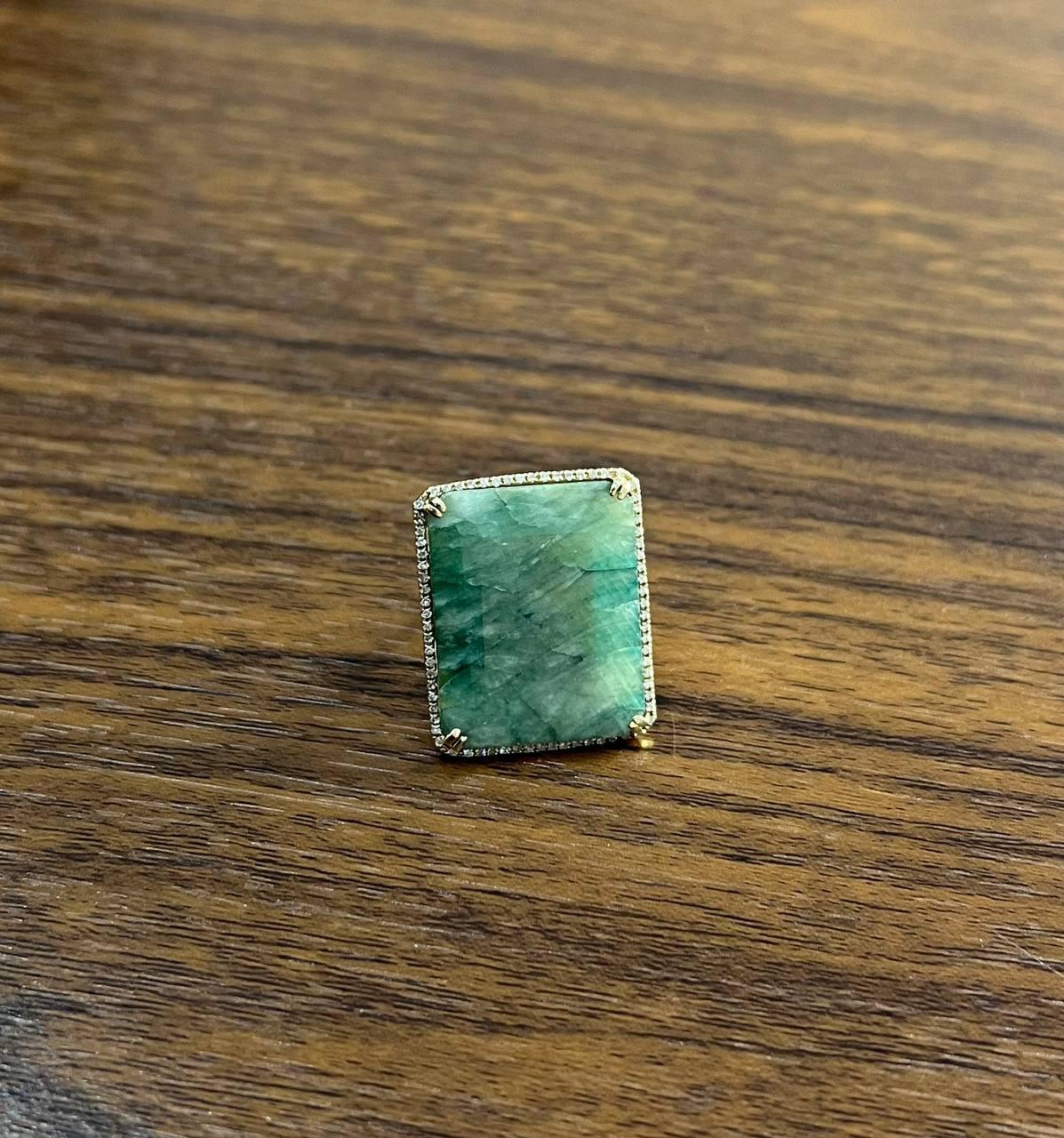 Rectangle Faceted Emerald Shape Green Sapphire Cabochon 14K Gold Diamond Ring