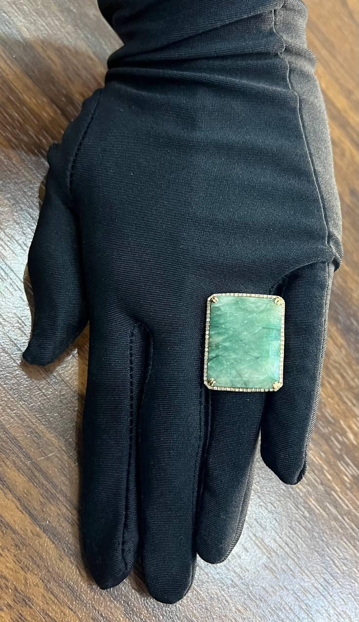 Rectangle Faceted Emerald Shape Green Sapphire Cabochon 14K Gold Diamond Ring