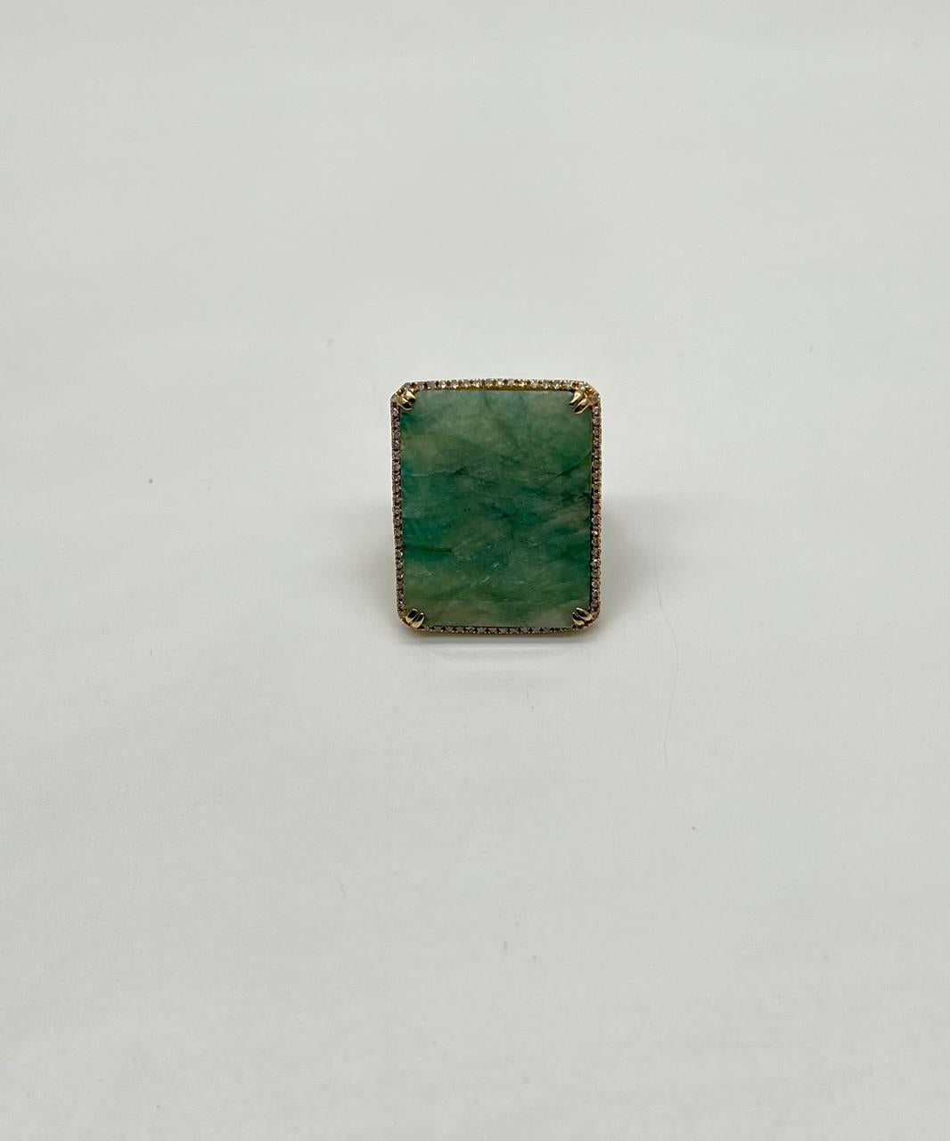 Rectangle Faceted Emerald Shape Green Sapphire Cabochon 14K Gold Diamond Ring
