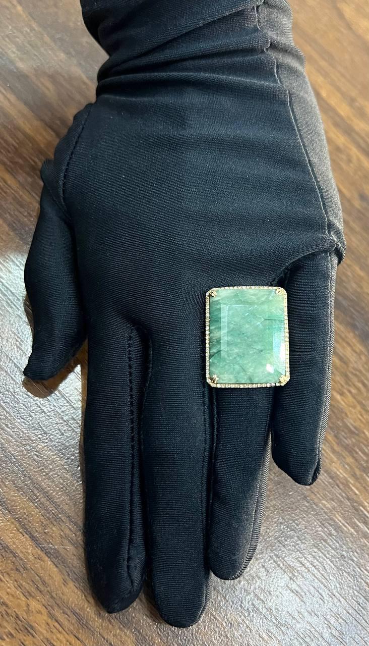 Rectangle Faceted Emerald Shape Green Sapphire Cabochon 14K Gold Diamond Ring