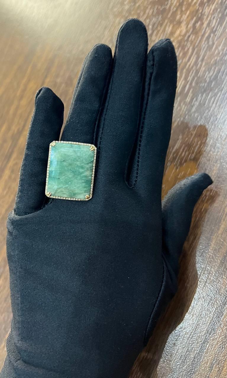 Rectangle Faceted Emerald Shape Green Sapphire Cabochon 14K Gold Diamond Ring