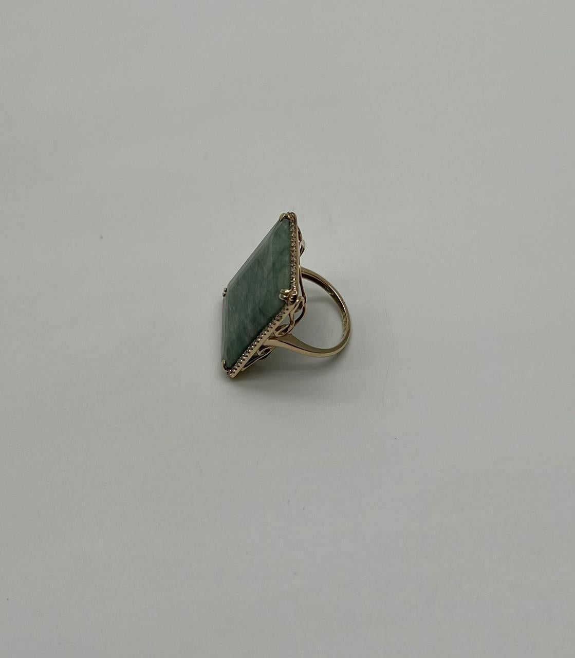 Rectangle Faceted Emerald Shape Green Sapphire Cabochon 14K Gold Diamond Ring