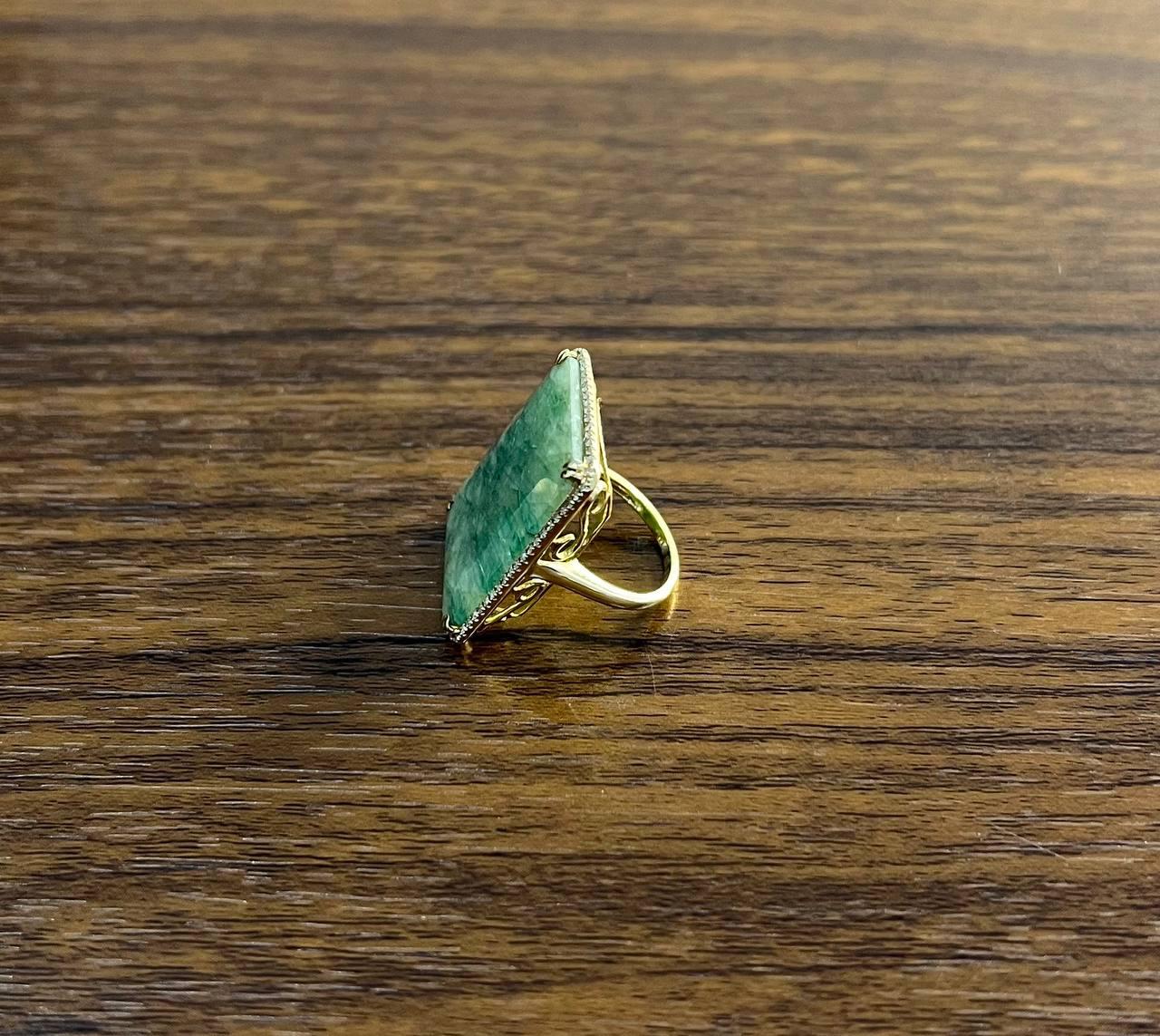 Rectangle Faceted Emerald Shape Green Sapphire Cabochon 14K Gold Diamond Ring