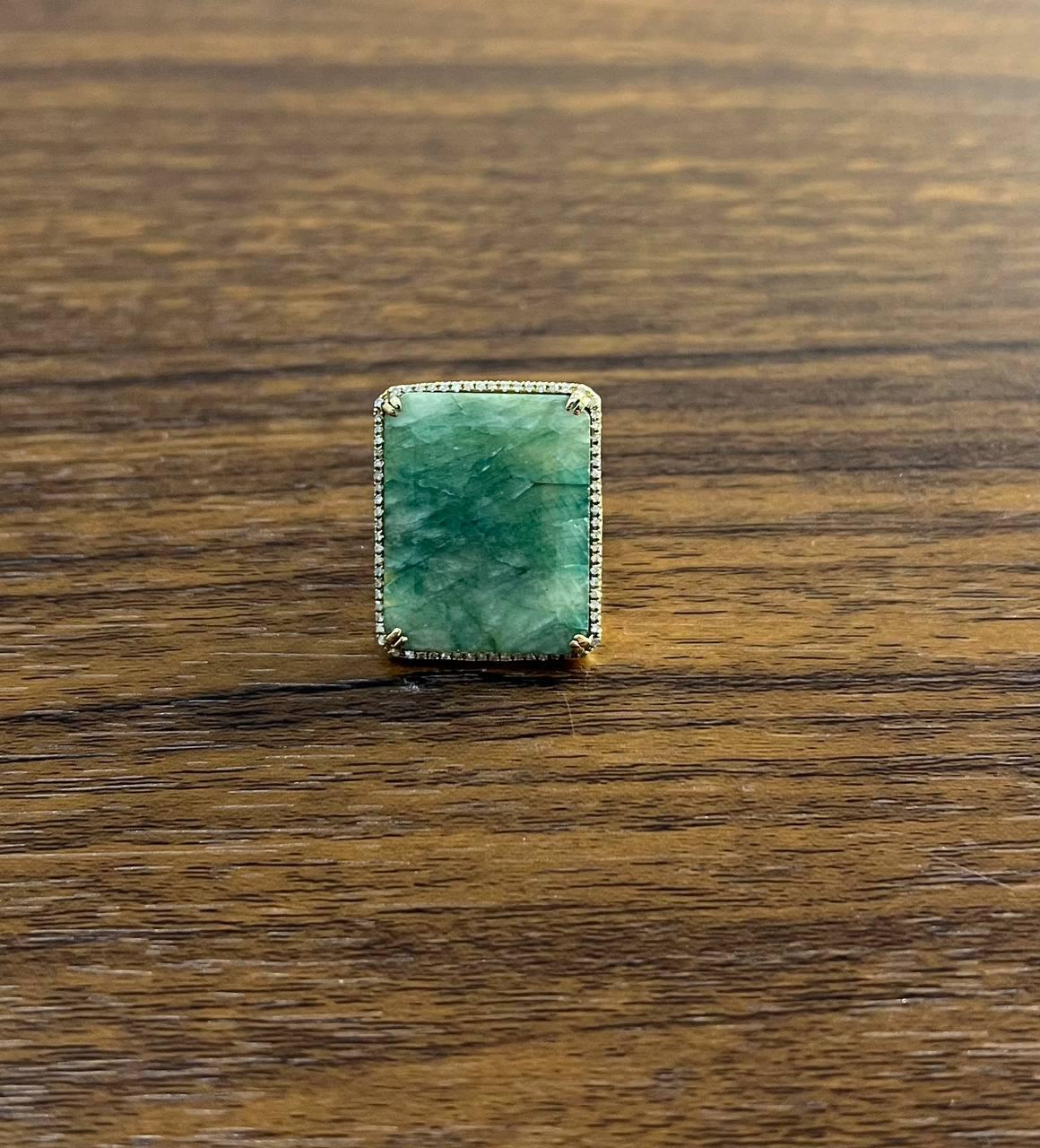 Rectangle Faceted Emerald Shape Green Sapphire Cabochon 14K Gold Diamond Ring